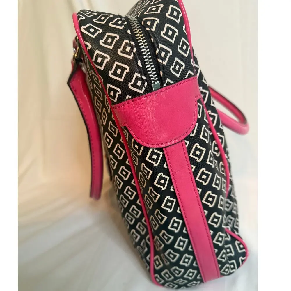 GUESS Satchel Black/White with Pink Trim Zipper Closure‎ Handbag